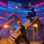 Torneo de Fortnite con jugadores compitiendo en un estadio de esports lleno