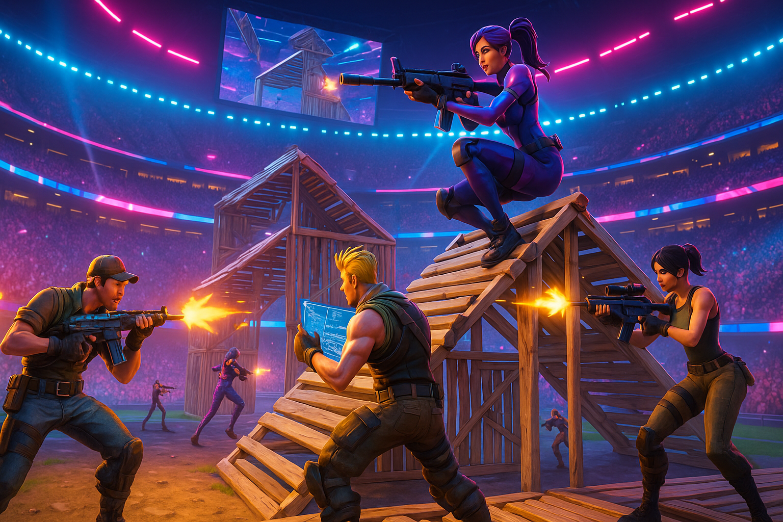 Torneo de Fortnite con jugadores compitiendo en un estadio de esports lleno