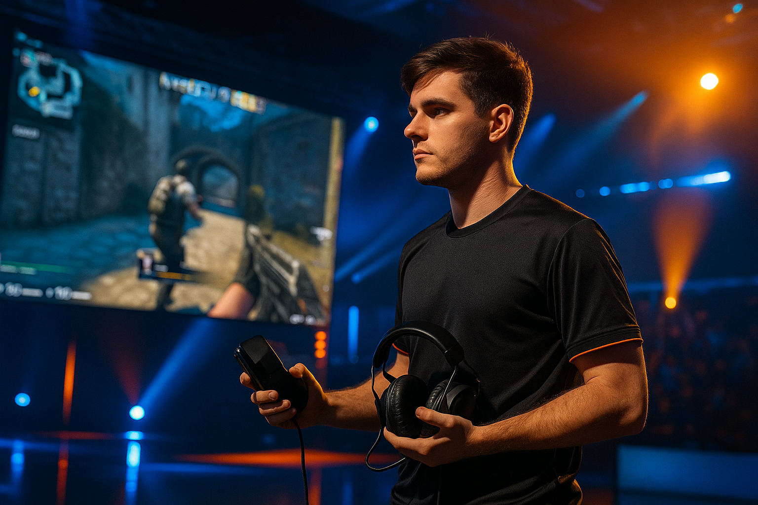 Jugador profesional de CS2 en escenario de esports durante su presentación con nuevo equipo