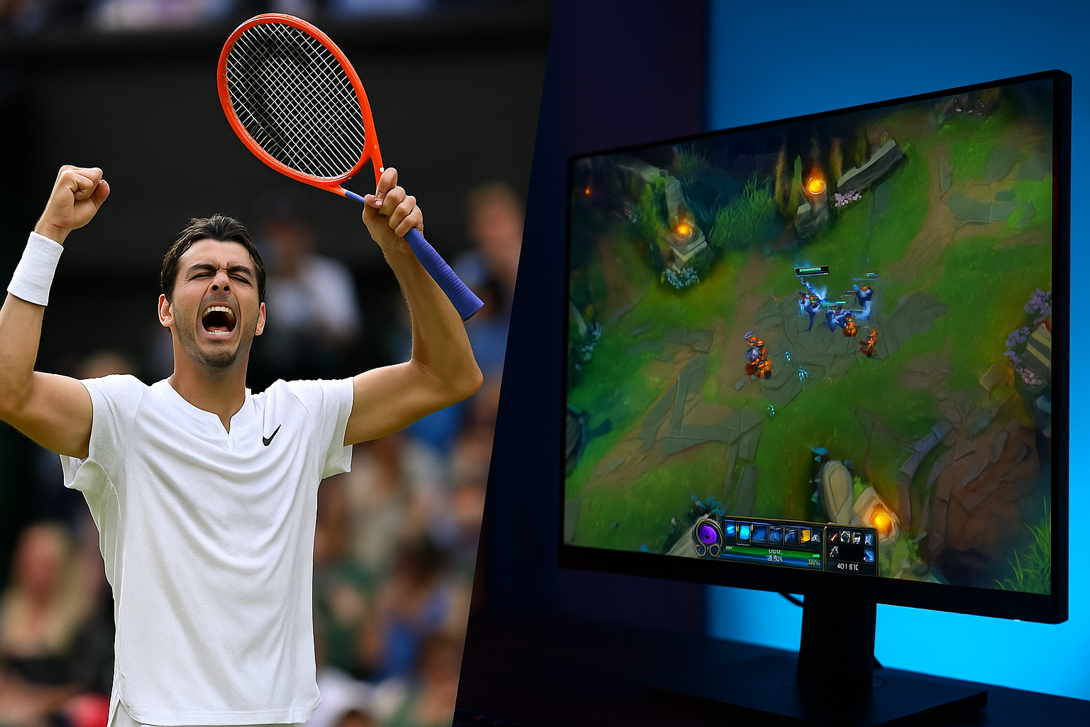 Tenista celebrando en Wimbledon junto a una pantalla de League of Legends