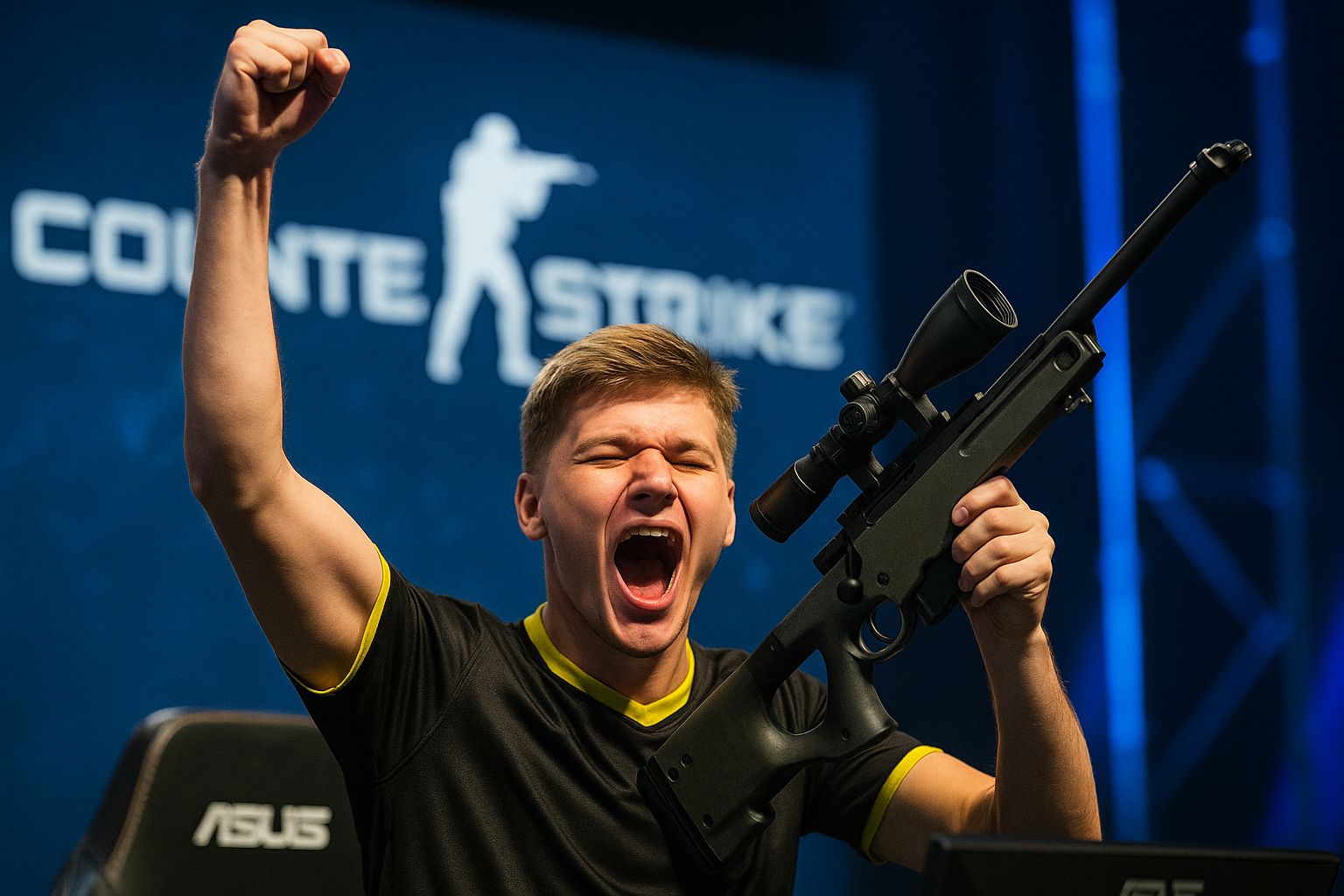 Jugador de CS:GO celebrando victoria con AWP en escenario de torneo