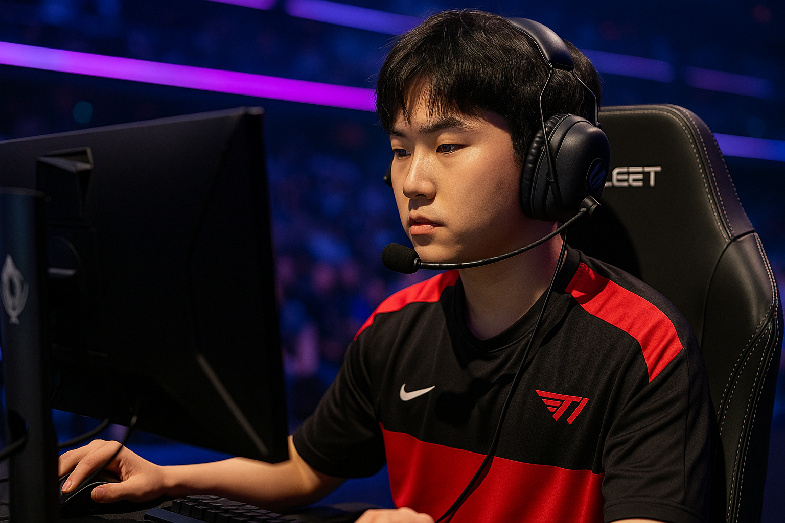 Jugador de T1 concentrado jugando League of Legends en MSI 2025
