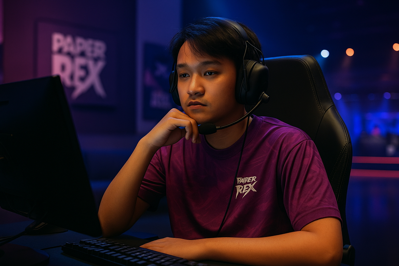 Jugador profesional de VALORANT de Paper Rex sentado reflexionando en un escenario de esports