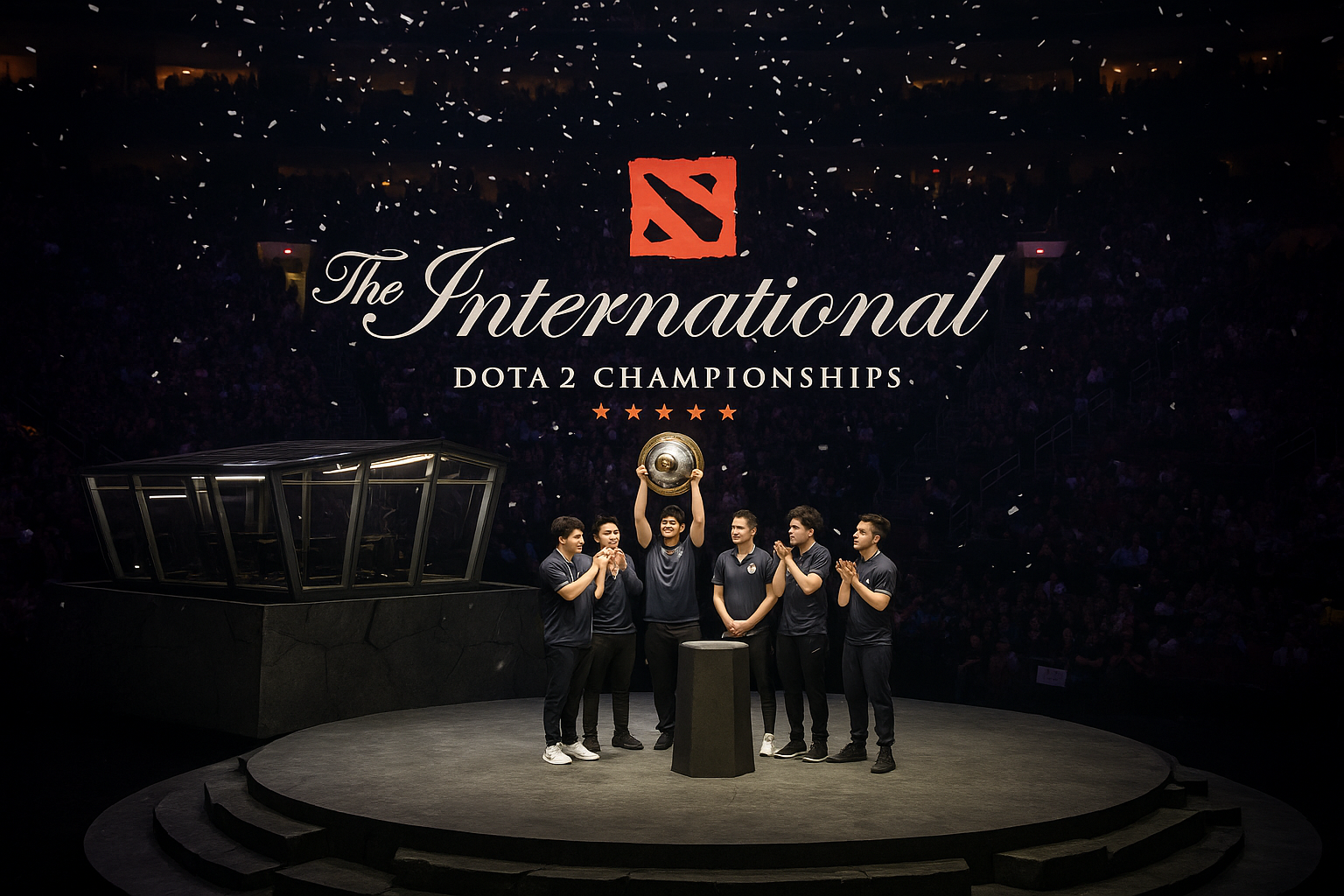 Jugadores levantando el Aegis en la final de The International de Dota 2, rodeados de confeti y luces del escenario.