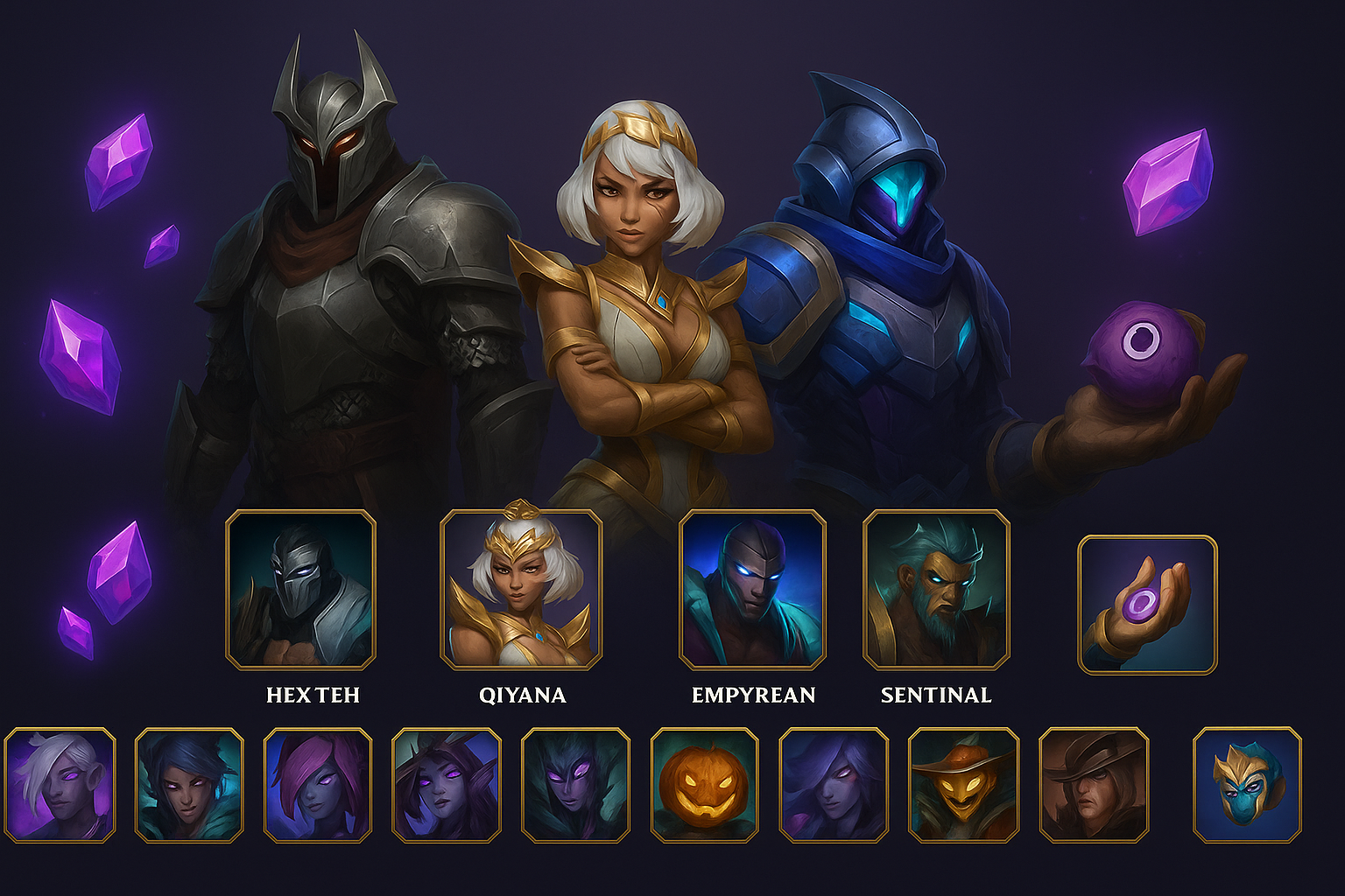 Campeones y objetos destacados de la Tienda Mítica de LoL con fondo mágico y gemas flotantes.