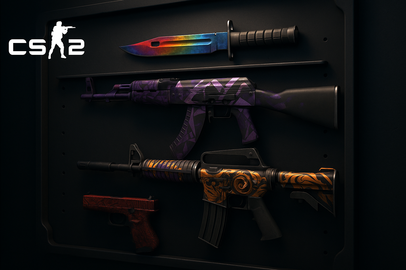 Vista detallada de cuatro skins de armas de CS2 montadas en una pared, con iluminación dramática y fondos oscuros, destacando sus colores y texturas.