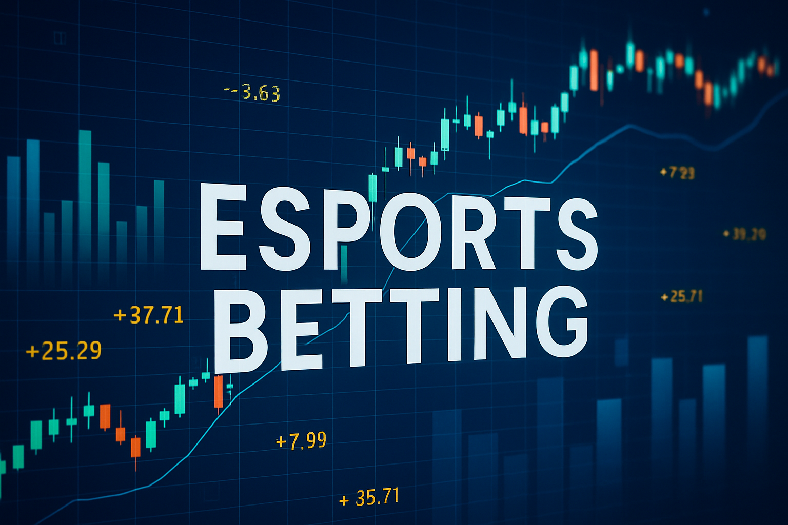 Gráfico digital con visualización de datos financieros, representando el mercado de apuestas en esports con velas, barras y cifras destacadas.