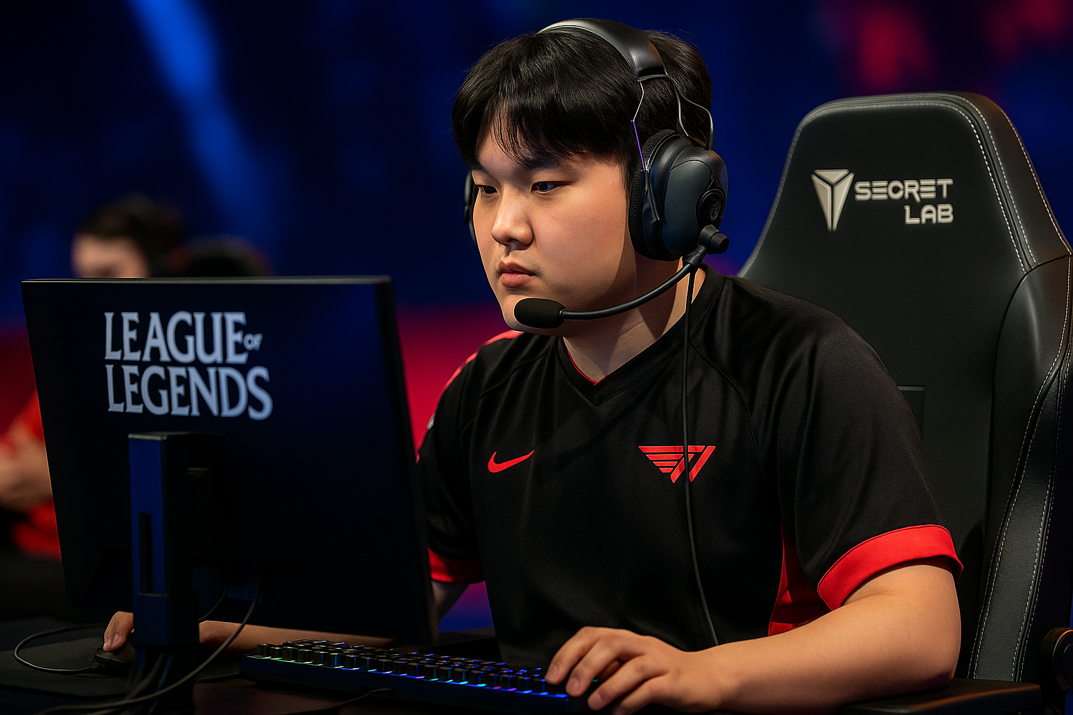 Jugador de T1 concentrado durante una partida de League of Legends, usando headset y jersey oficial en escenario competitivo.