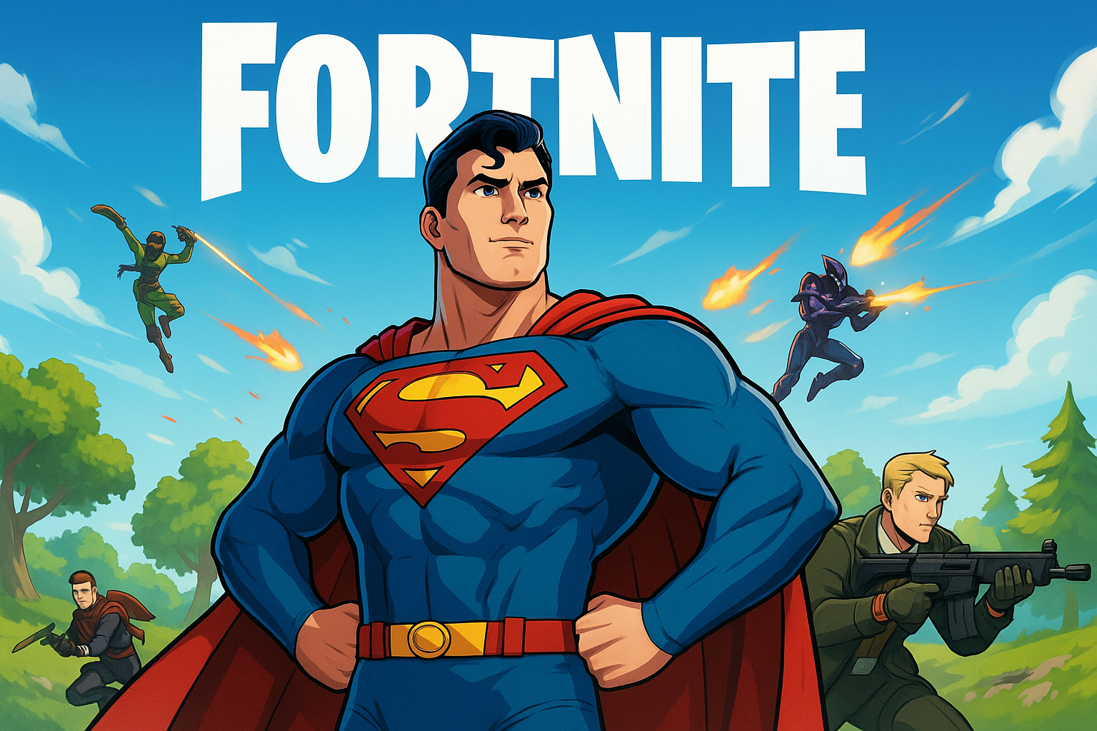Superman y otros personajes de Fortnite listos para la batalla en la temporada actual.