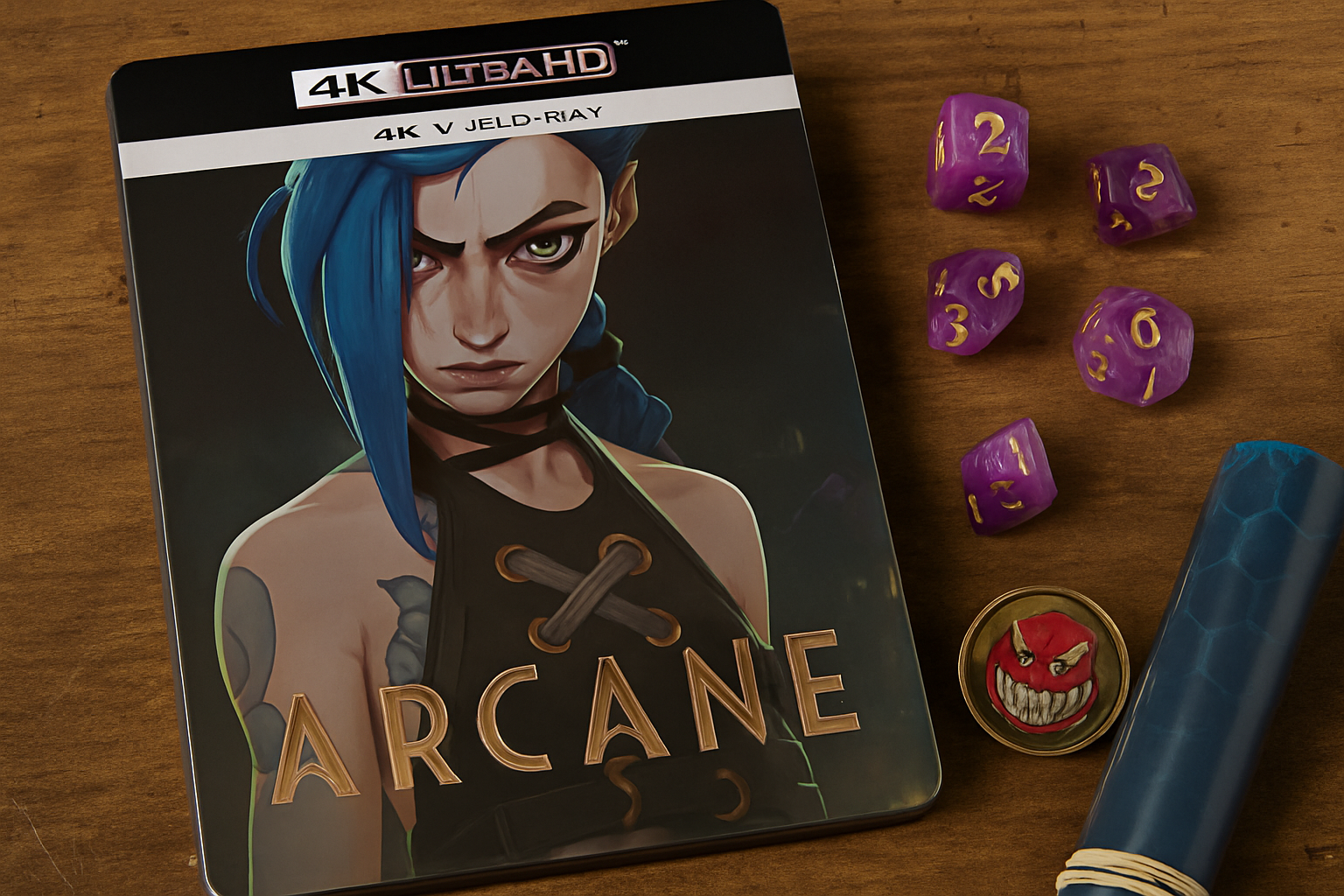 Edición Steelbook 4K de Arcane con dados morados y póster, destacando su lanzamiento físico sin escenas inéditas.