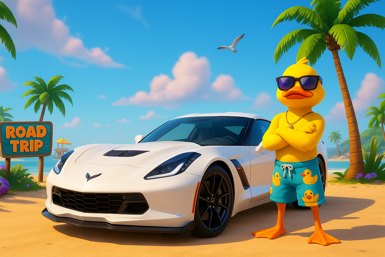 Corvette ZR1 en Fortnite con fondo playero, palmeras y ambiente veraniego junto a personaje con traje de pato.