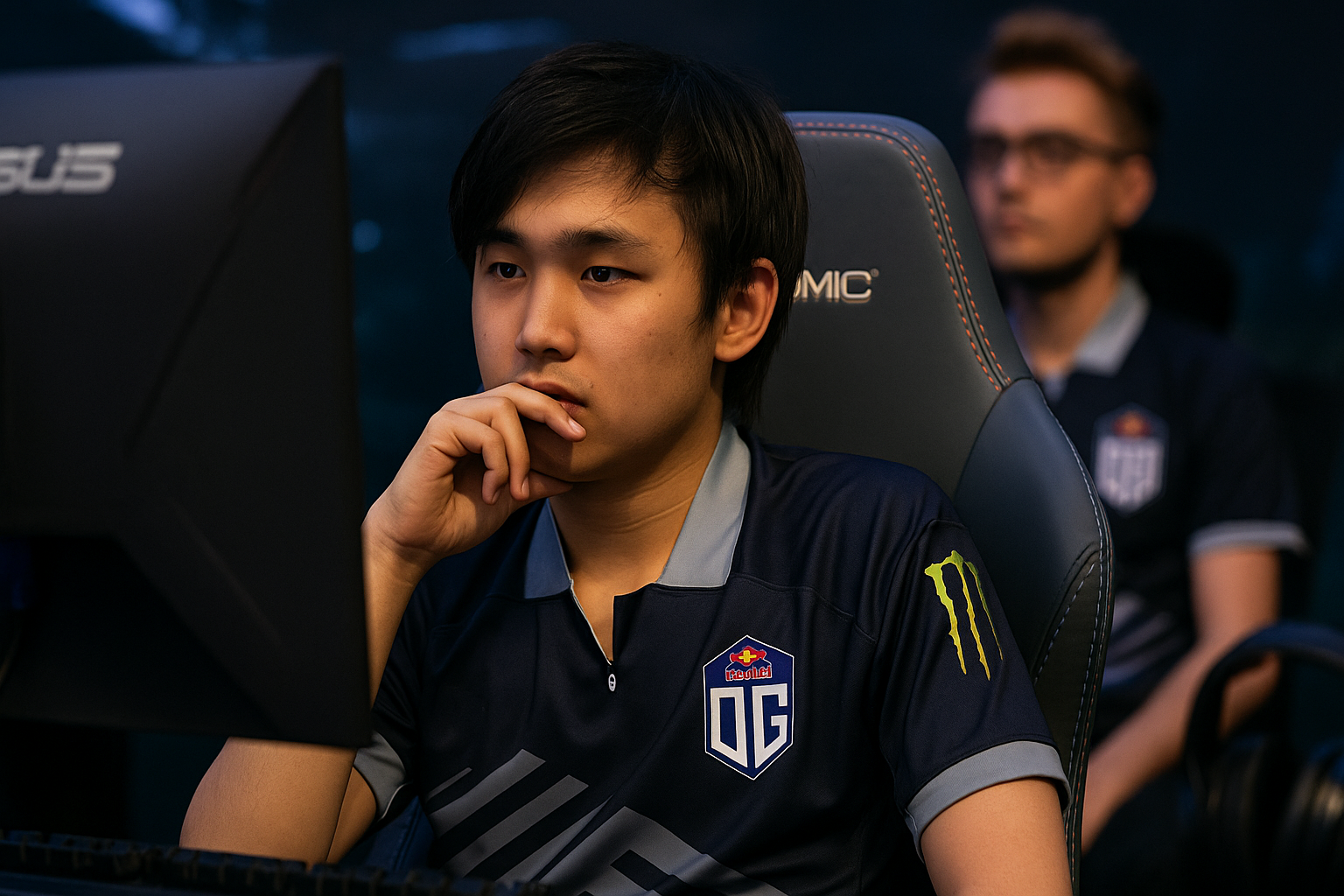 Jugador de OG en concentración durante partida de Dota 2 en torneo internacional.