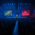 Vista impresionante de un evento de esports en un estadio lleno durante un campeonato de LoL o VALORANT, con un trofeo iluminado en el centro y pantallas mostrando la acción.