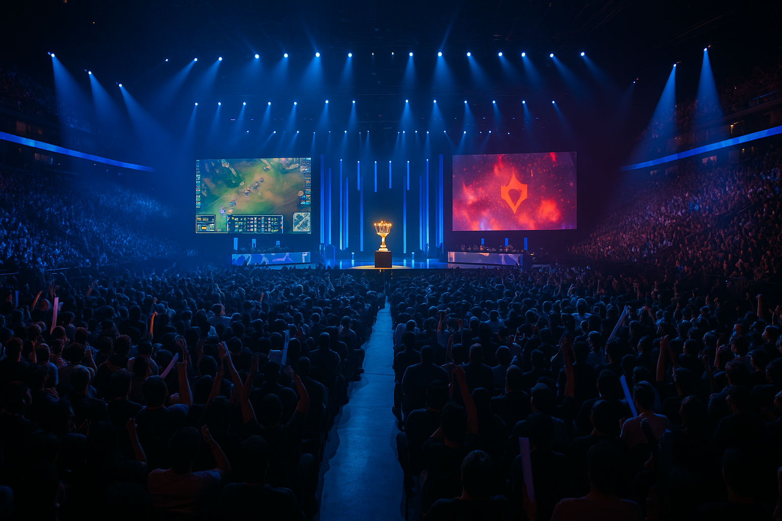 Vista impresionante de un evento de esports en un estadio lleno durante un campeonato de LoL o VALORANT, con un trofeo iluminado en el centro y pantallas mostrando la acción.
