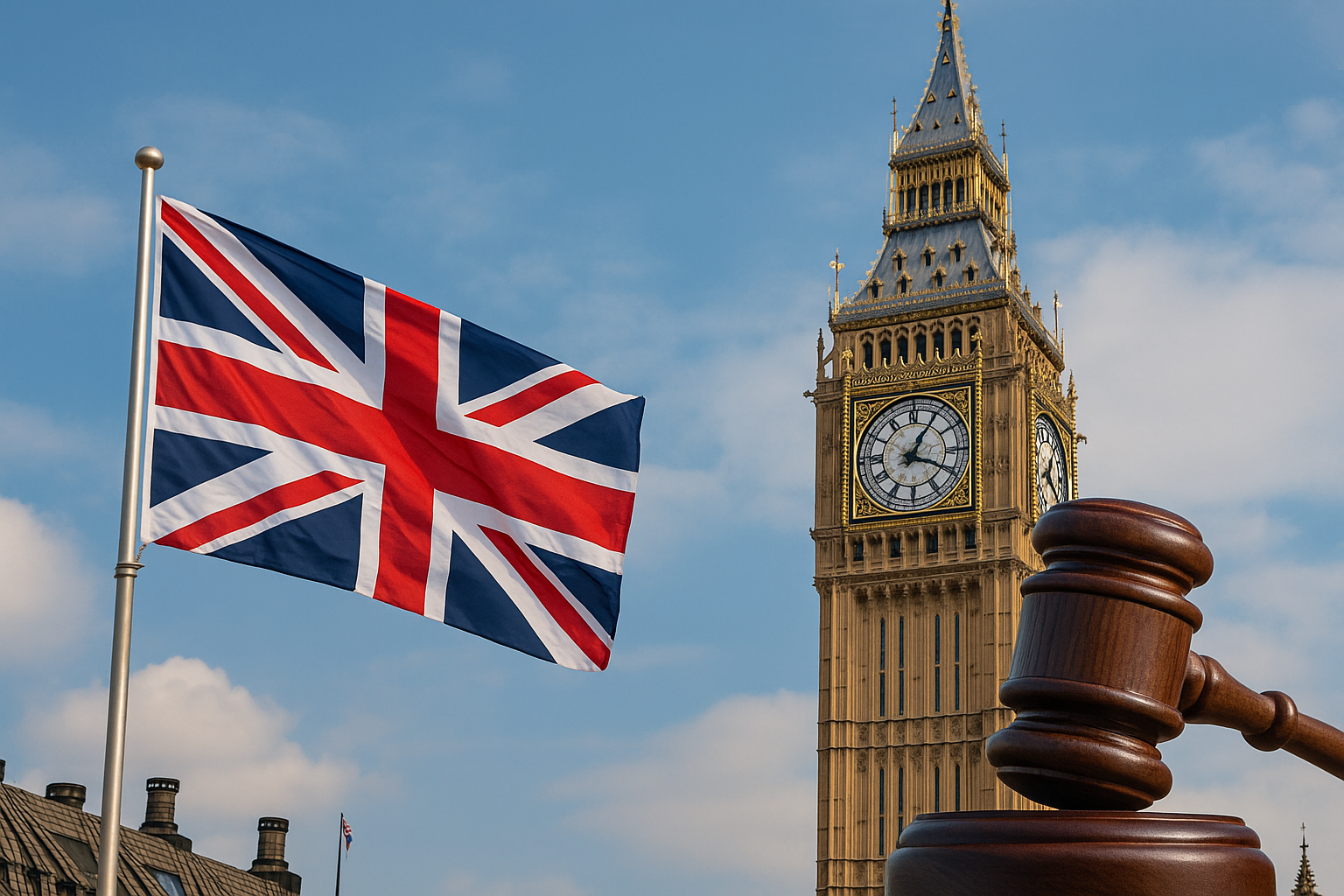 Fotografía digital de un mazo judicial frente al Big Ben y bandera británica, ilustrando reformas legales en Reino Unido.
