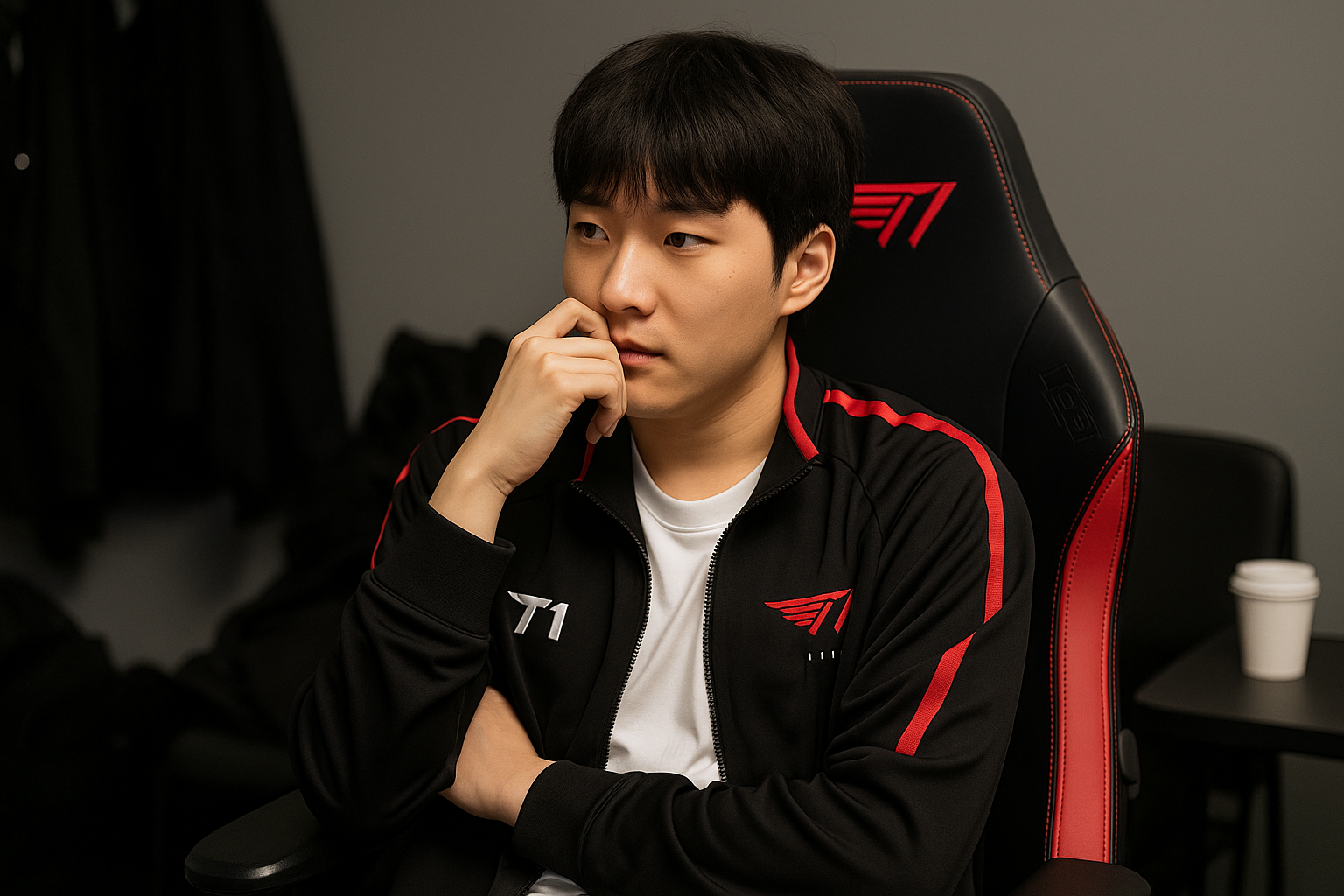 Jugador profesional de esports de T1 pensativo en camarín, vistiendo chaqueta oficial del equipo, antes de un torneo internacional.