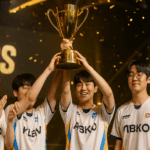 Jugadores de esports coreanos levantando un trofeo dorado en una ceremonia de premiación llena de confeti.