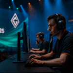 Jugador profesional de League of Legends compitiendo en el MSI 2025 con ambiente intenso y luces de escenario