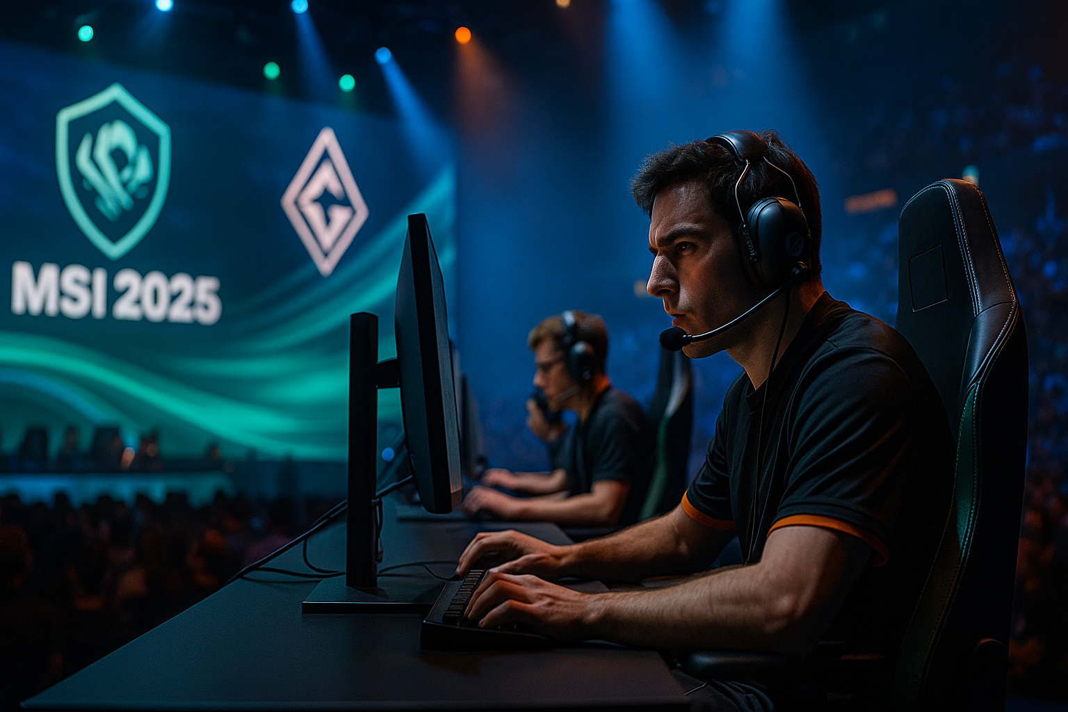 Jugador profesional de League of Legends compitiendo en el MSI 2025 con ambiente intenso y luces de escenario