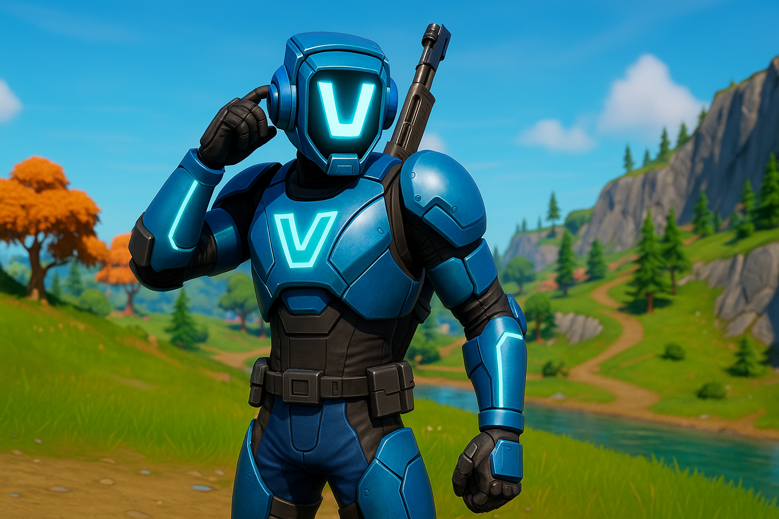 Skin Reboot Man de Fortnite posando en un paisaje colorido inspirado en el juego