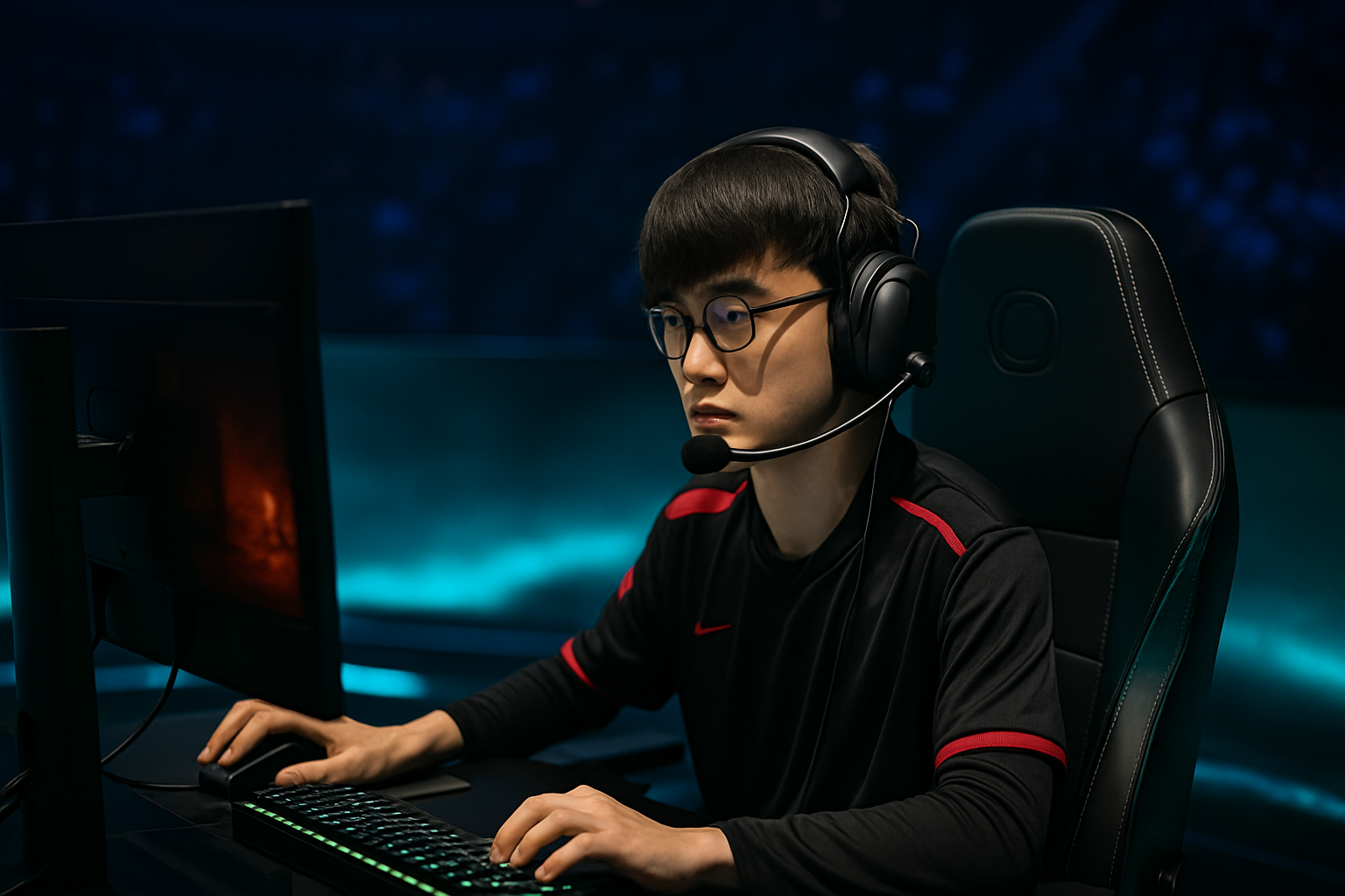 Jugador profesional de esports concentrado en un torneo de League of Legends, frente a su pantalla en un escenario iluminado.