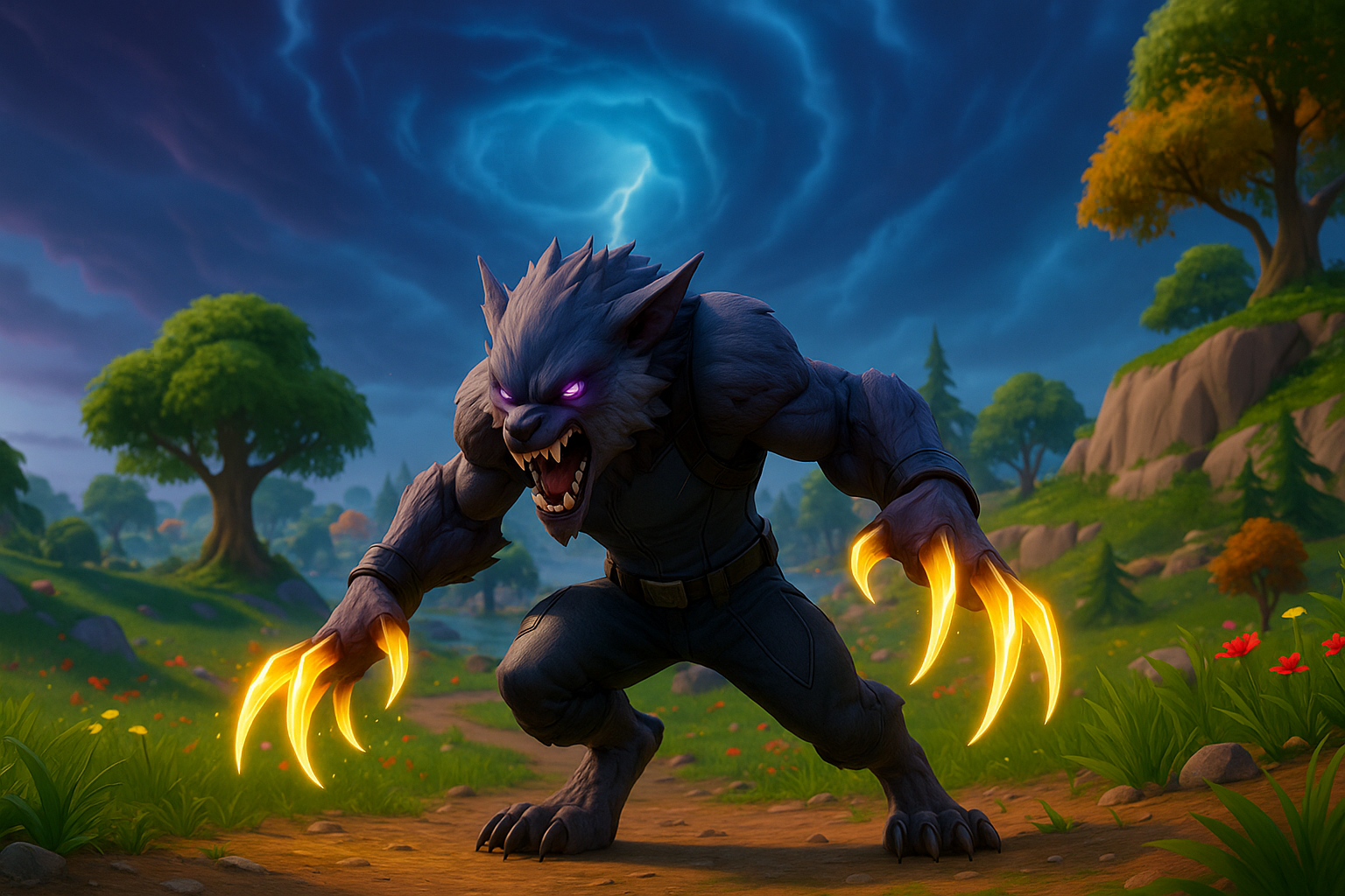 Bestia de Tormenta de Fortnite con garras luminosas en un paisaje épico