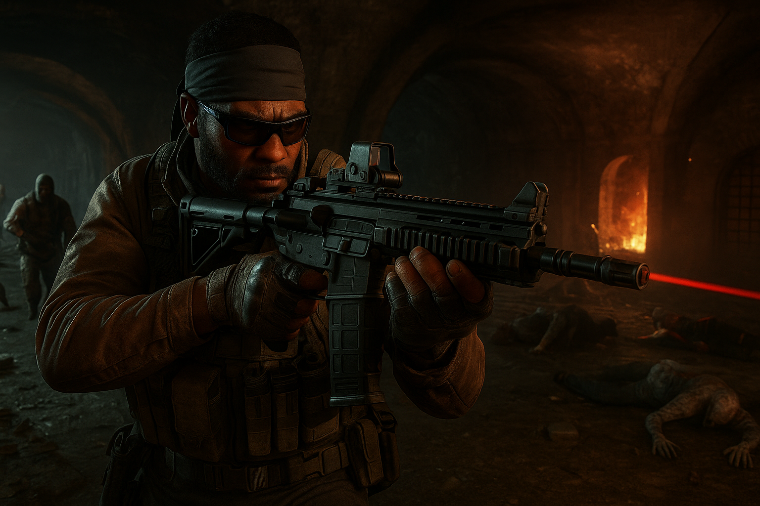 Soldado de Black Ops 6 apuntando su rifle en un túnel lleno de zombies y fuego