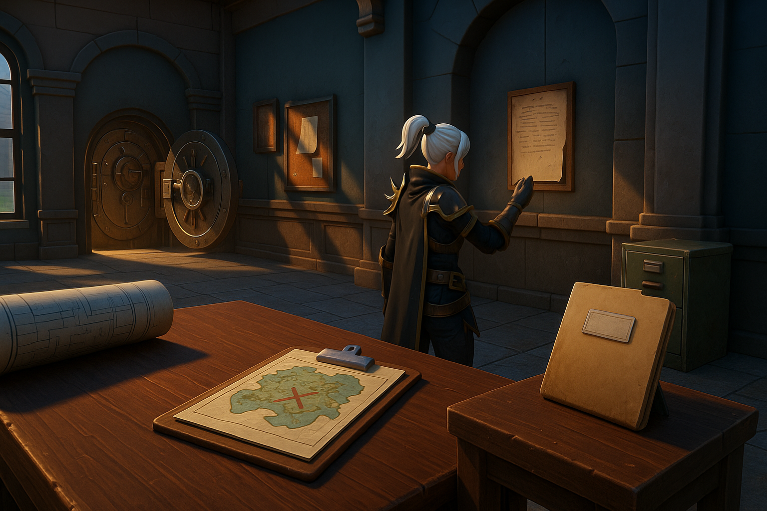 Personaje revisando pistas en una sala secreta de Fortnite Capítulo 6
