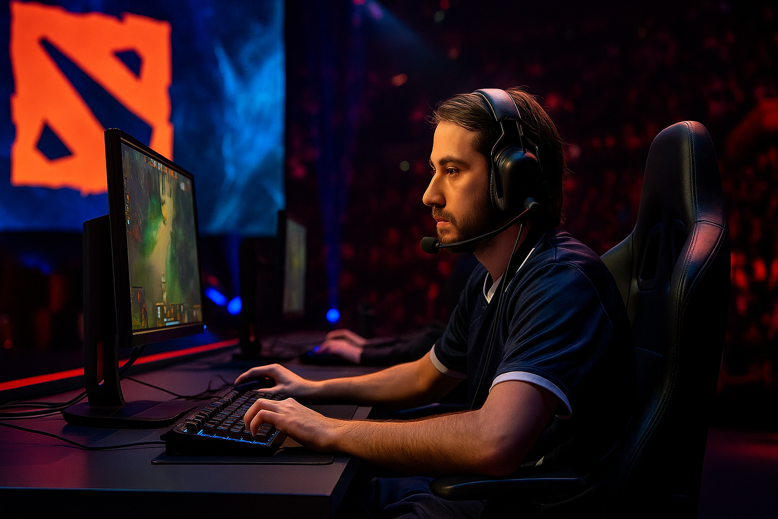 Escena profesional de Dota 2 con un jugador compitiendo en un torneo de esports