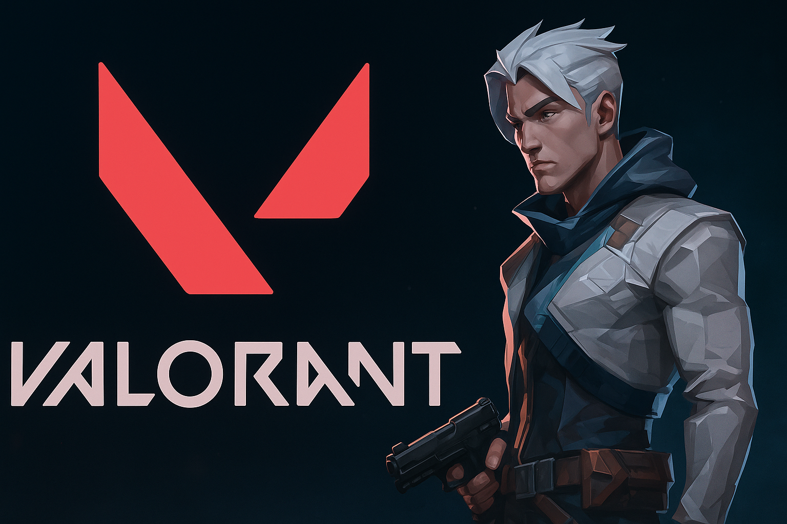 Escena de VALORANT con personaje armado y logo oficial, representando la temática de esports y competencia.