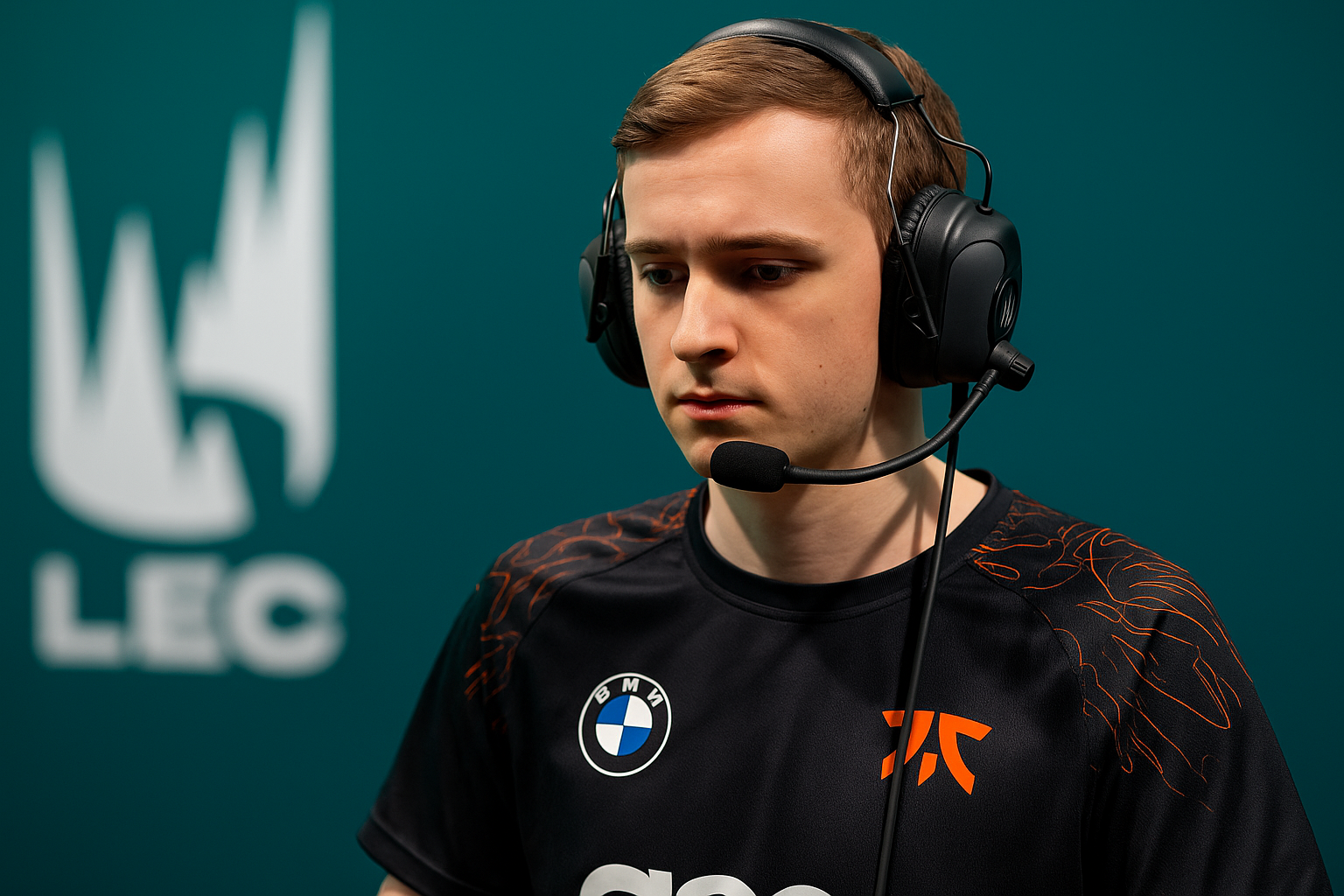 Jugador profesional de League of Legends en competencia, vistiendo la camiseta de Fnatic y usando audífonos de gaming durante un torneo.