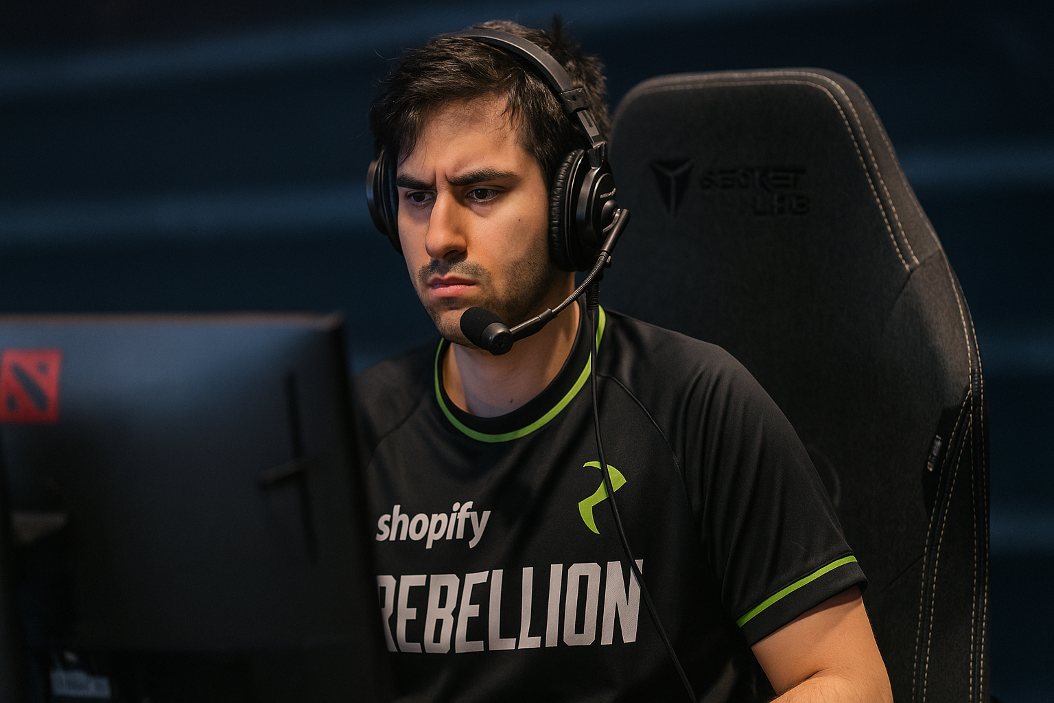 Jugador profesional de Dota 2 de Shopify Rebellion concentrado en una partida, usando audífonos y camiseta oficial del equipo.