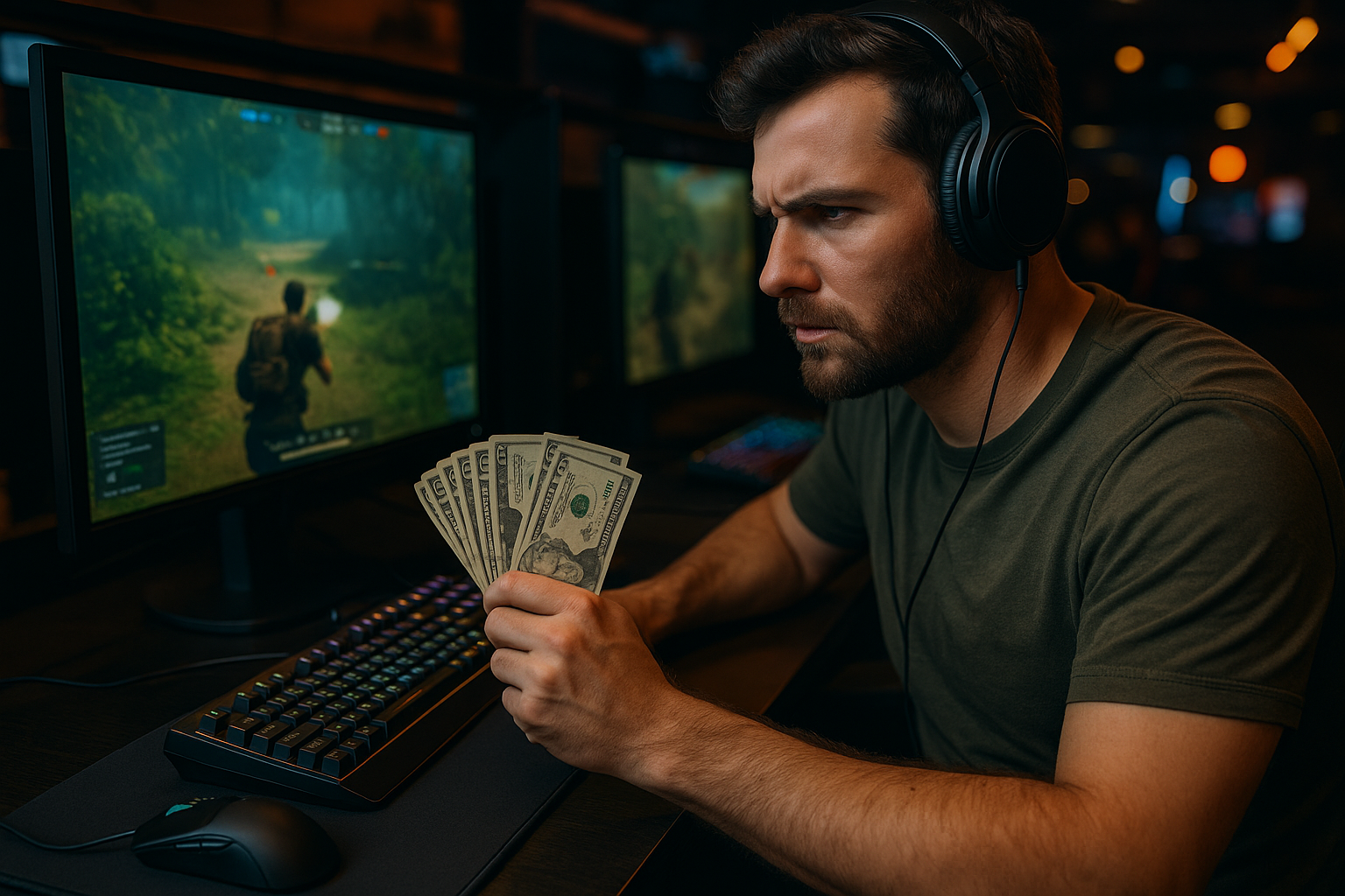 Jugador de esports millennial apostando mientras juega en un PC gamer con teclado RGB y ambiente de competencia.
