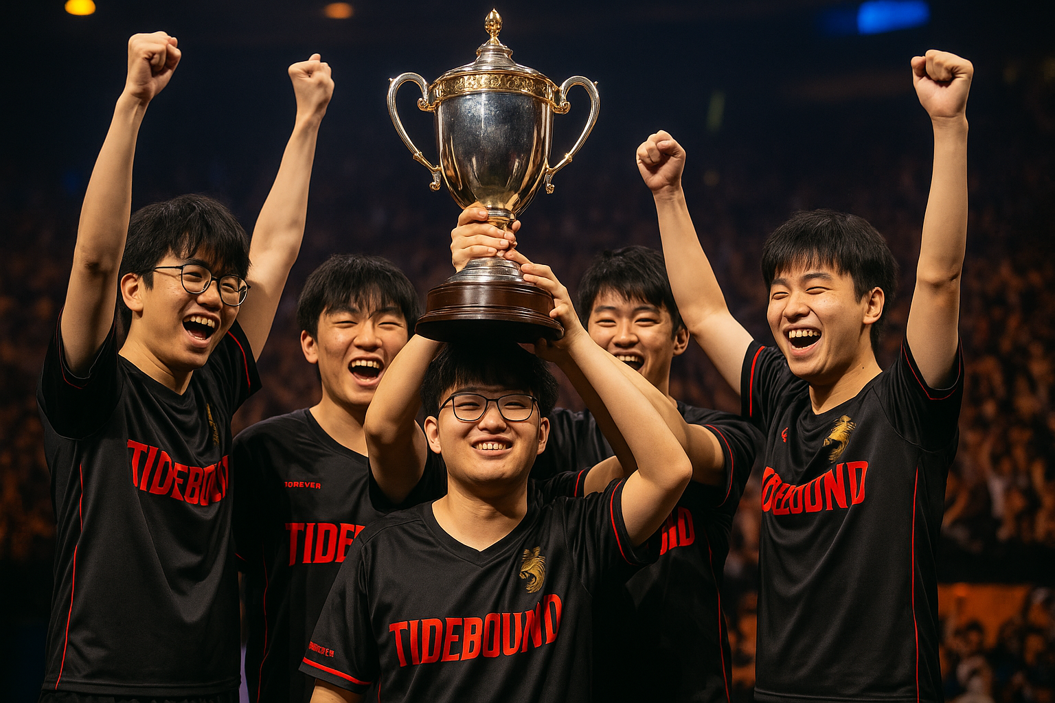 Jugadores de Team Tidebound celebrando con el trofeo tras ganar el Clavision Masters 2025 en un estadio repleto de fans.