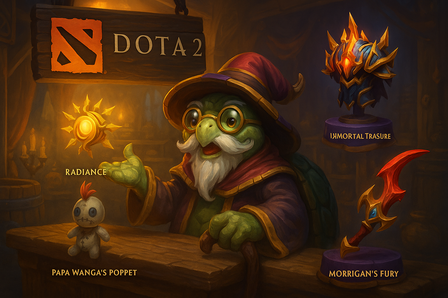 Arte promocional de Dota 2 mostrando a Quartero con sus curiosidades y recompensas gratis en un entorno épico y colorido.