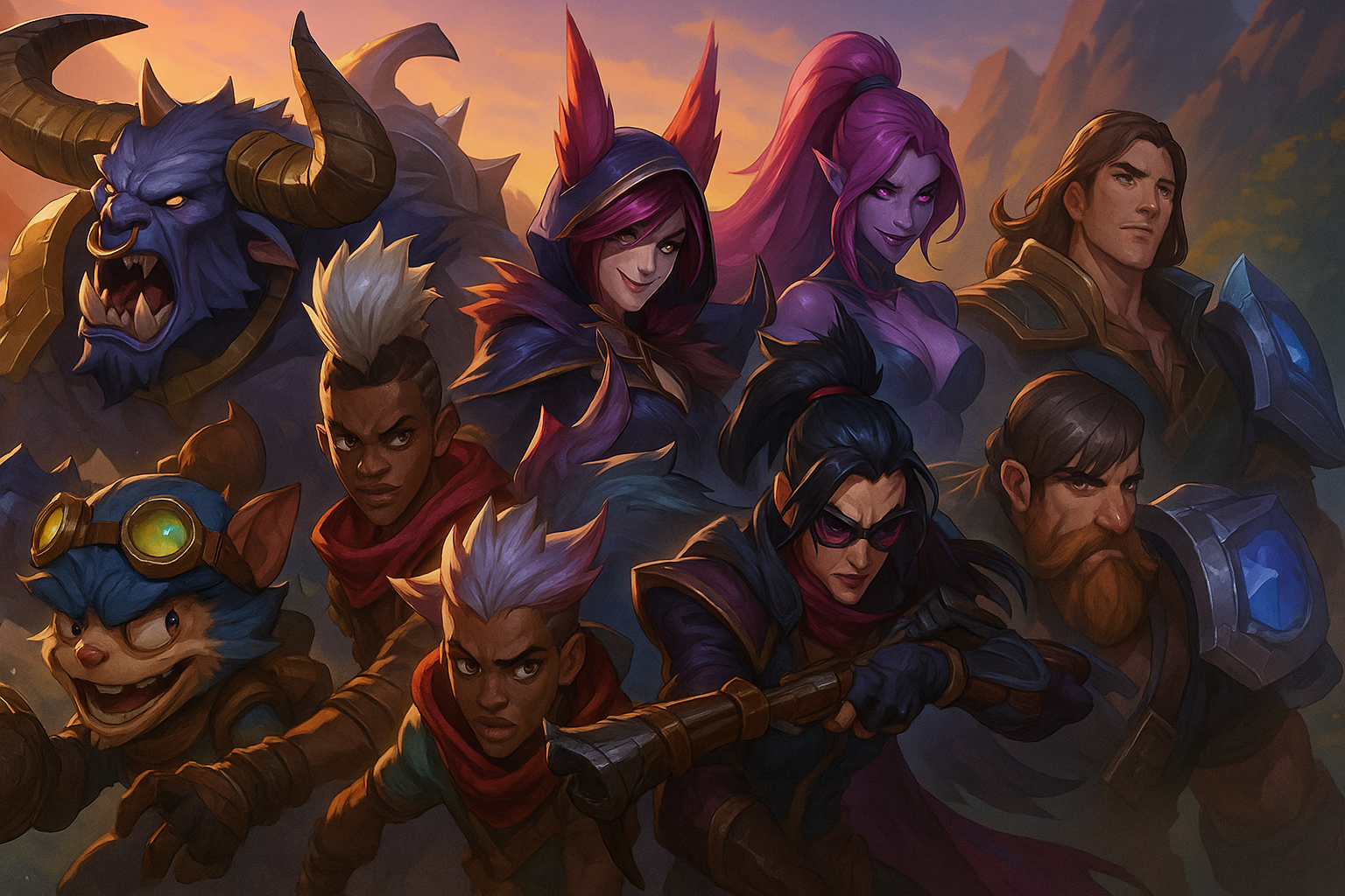 Campeones gratuitos de League of Legends en la rotación semanal, con ilustraciones detalladas de sus personajes icónicos.