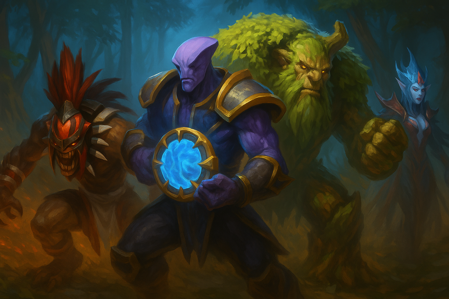 Héroes destacados del parche 7.39d de Dota 2 en batalla en el bosque