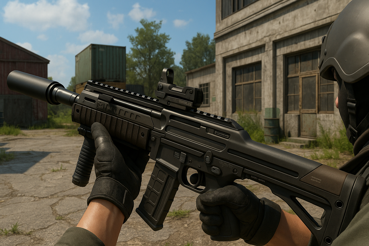 Rifle ABR A1 con accesorios tácticos en zona industrial de Black Ops 6