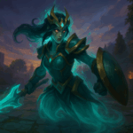 Campeona fantasmal de LoL en ruinas antiguas al amanecer