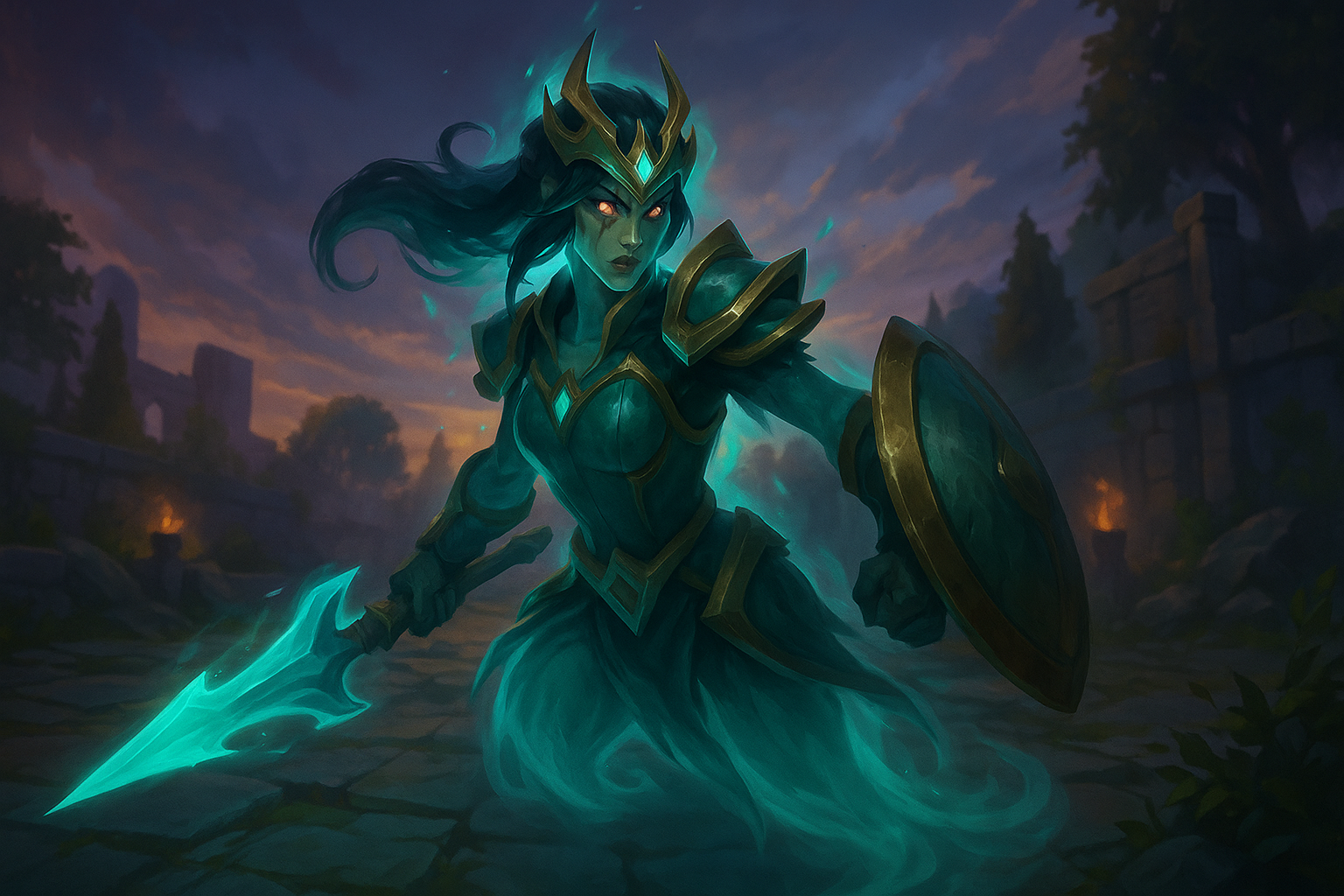 Campeona fantasmal de LoL en ruinas antiguas al amanecer