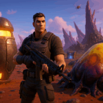 Soldado de Fortnite con arma frente a cápsula O.X.R. y saco alienígena en paisaje extraterrestre.