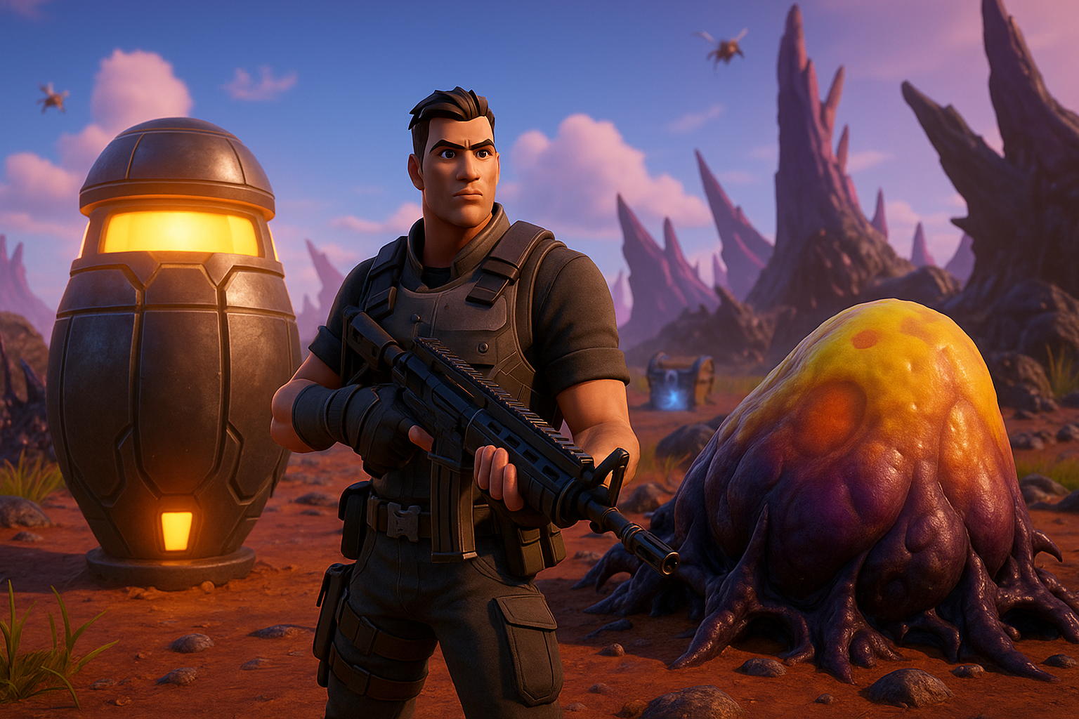 Soldado de Fortnite con arma frente a cápsula O.X.R. y saco alienígena en paisaje extraterrestre.