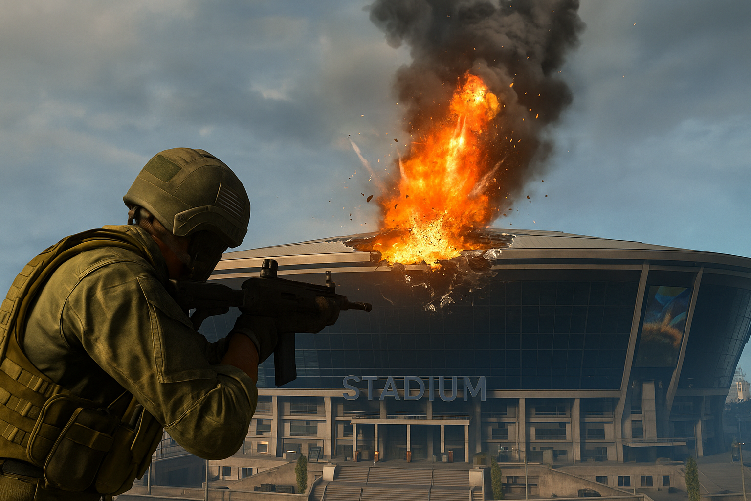 Explosión en el techo del Estadio de Verdansk mientras un soldado apunta con su fusil durante un operativo en Warzone.
