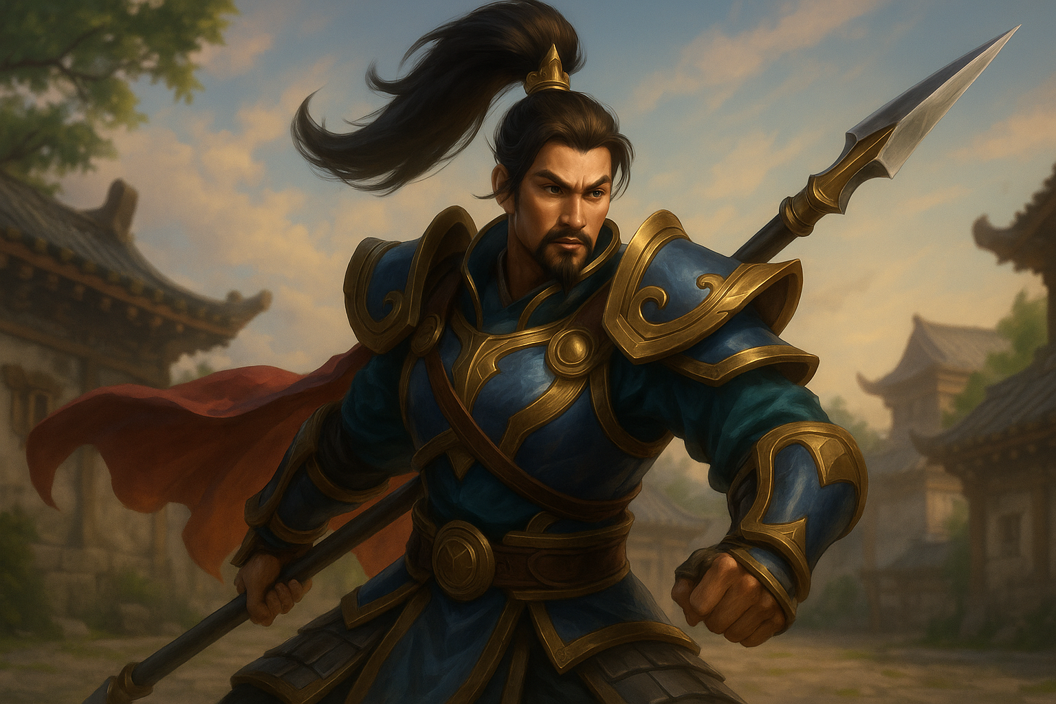 Xin Zhao con armadura renovada listo para la batalla en un patio estilo oriental