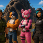 Personajes destacados de Fortnite posando frente a una colmena gigante y estructuras de combate.