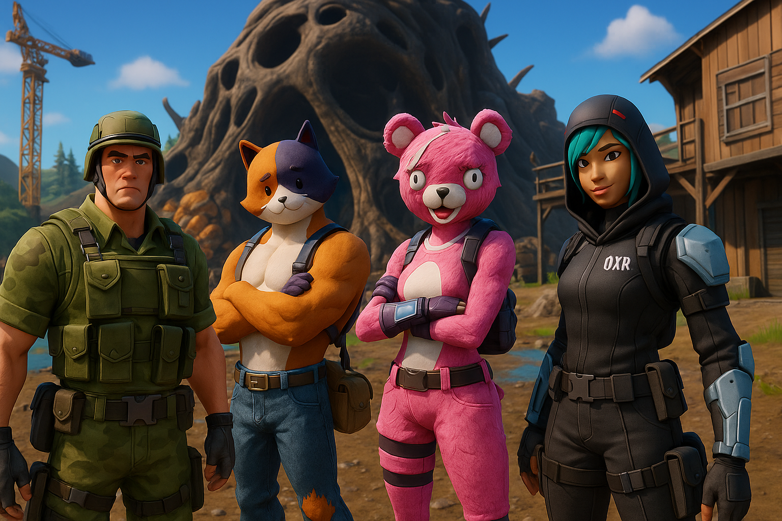 Personajes destacados de Fortnite posando frente a una colmena gigante y estructuras de combate.