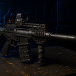 Rifle táctico ABR A1 con accesorios sobre una mesa metálica en sala gamer.