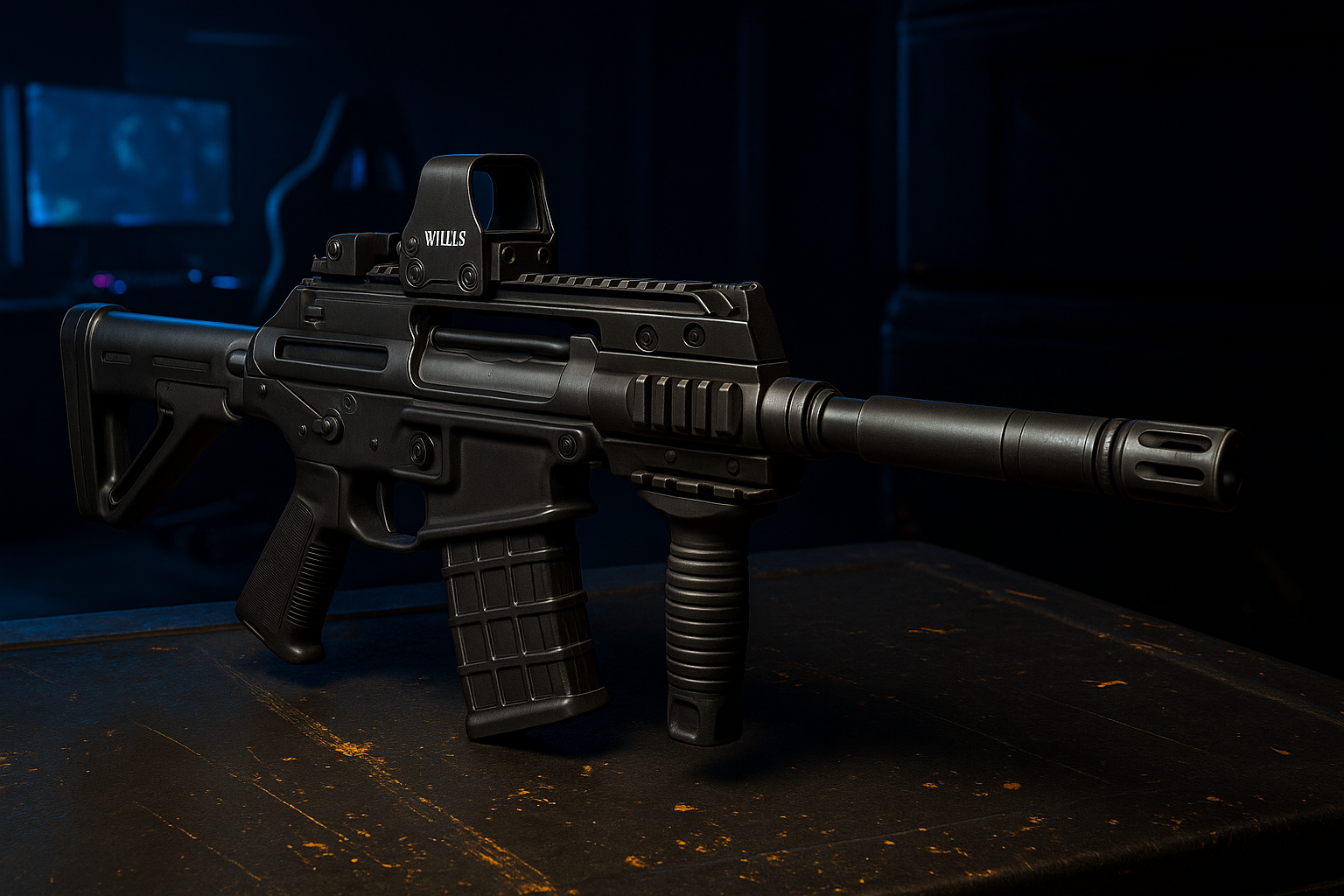 Rifle táctico ABR A1 con accesorios sobre una mesa metálica en sala gamer.