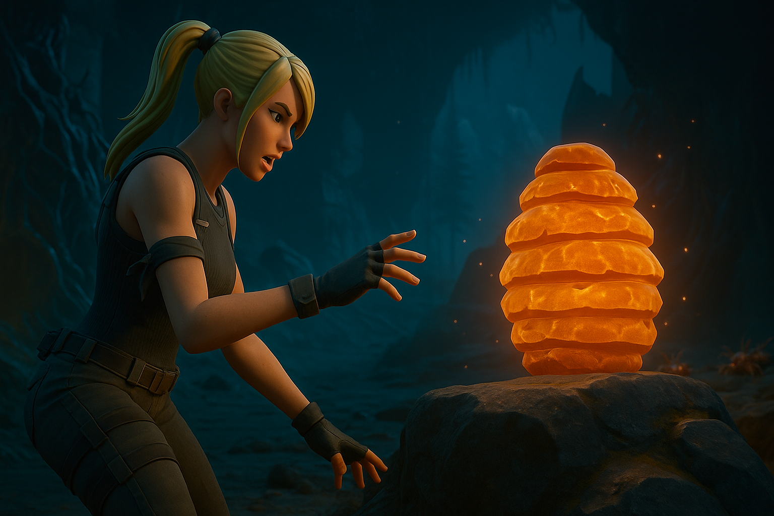 Jugadora de Fortnite abriendo un Hive Stash brillante dentro de una cueva misteriosa