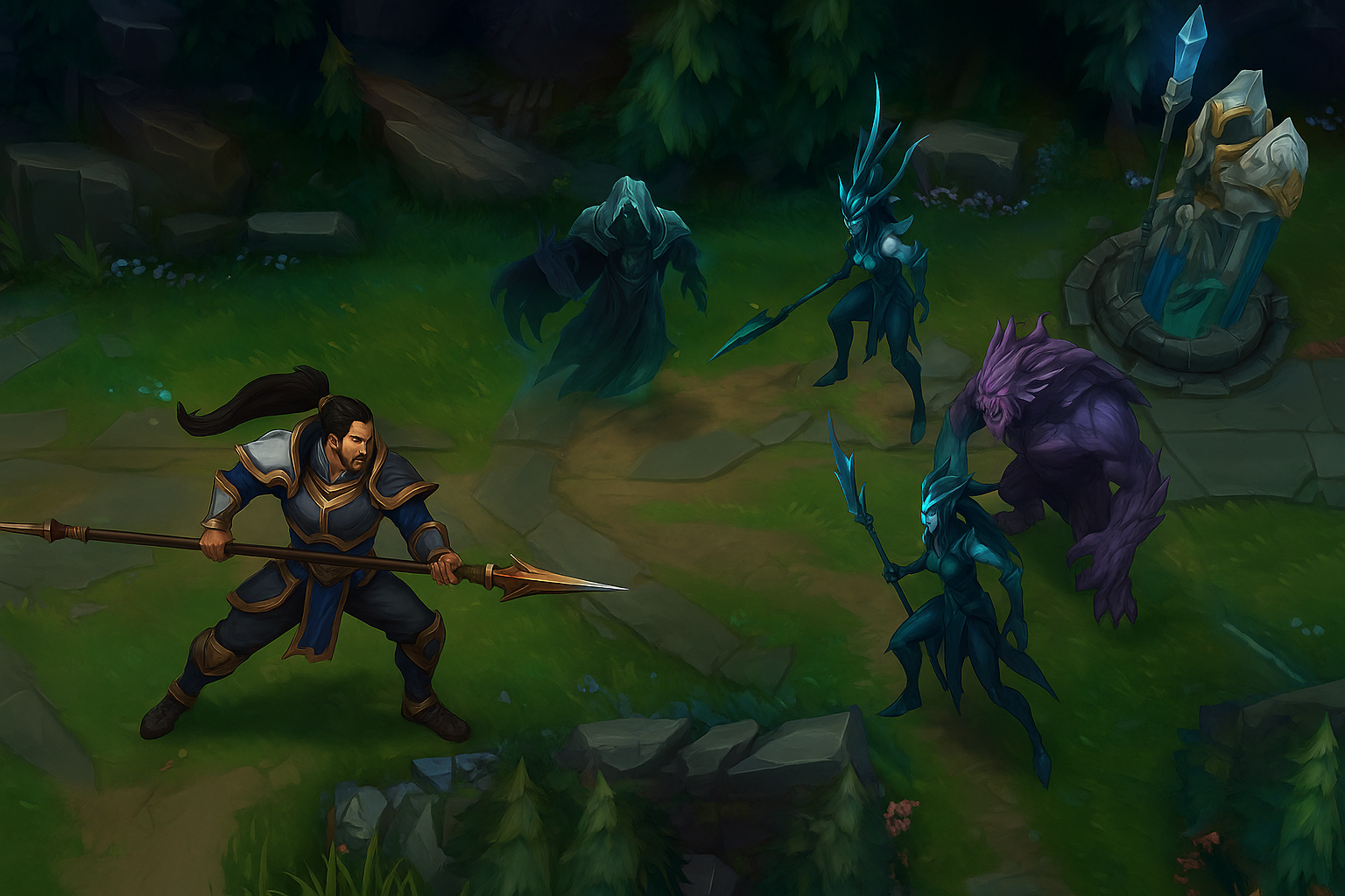 Xin Zhao enfrentando campeones enemigos en la Grieta del Invocador, escena de temporada 3 de LoL